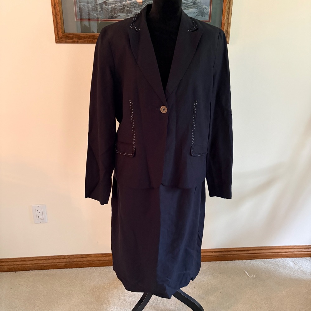 Signature by Larry Levine Skirt Suit Women 14 Navy Linen Blazer Set Professional